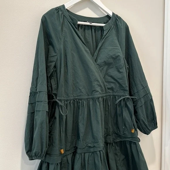 Madewell Long Sleeve Mini Dress Poplin Cotton Wrap Green Casual Quiet Luxury - Picture 4 of 13